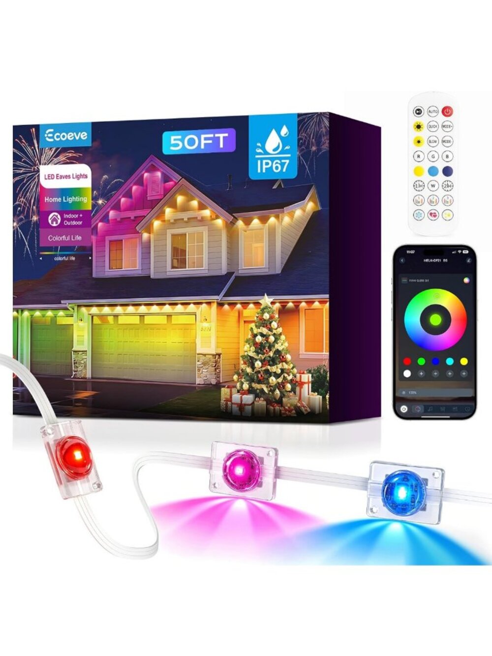 50ft Permanent Outdoor RGB+IC Christmas Lights for House Decor & Holiday Cheer
